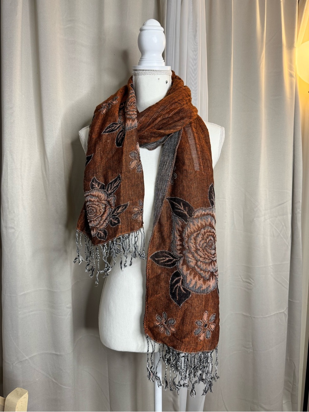 Reversible Floral Fringe Scarf Brown Gray Wrap Shawl 28x72 Boho - Picture 2 of 12